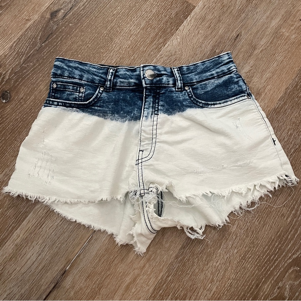 H&M Blue and White Jean Shorts with Frayed Hem